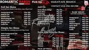 Romantic Baboy Menu Prices Philippines