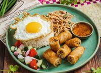 Fried Rolls With Minced Chicken With Egg And Garlic Rice