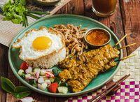 Chicken Satay Sticks With Egg And Garlic Rice