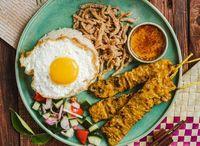 Pork Satay Sticks With Egg And Garlic Rice