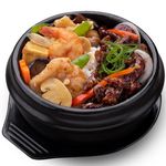 Spicy Seafood & Crunchy Beef Strips With Steamed Rice